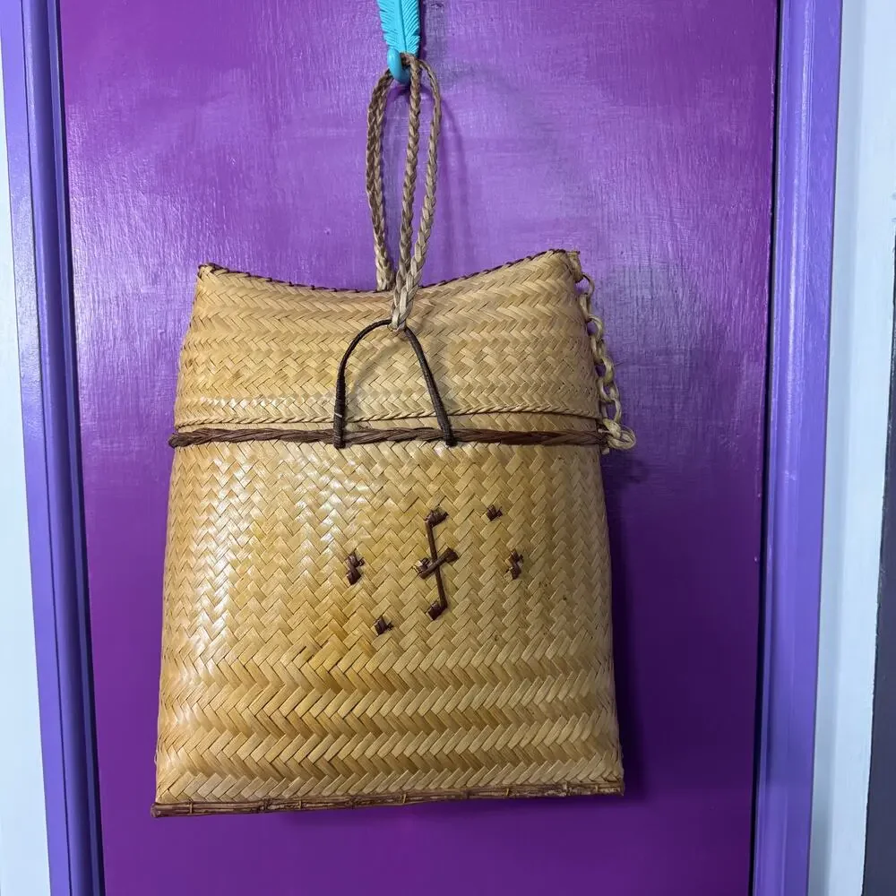 Vintage Filipino Pasiking Backpack Handwoven Bamboo Rattan Foraging Basket